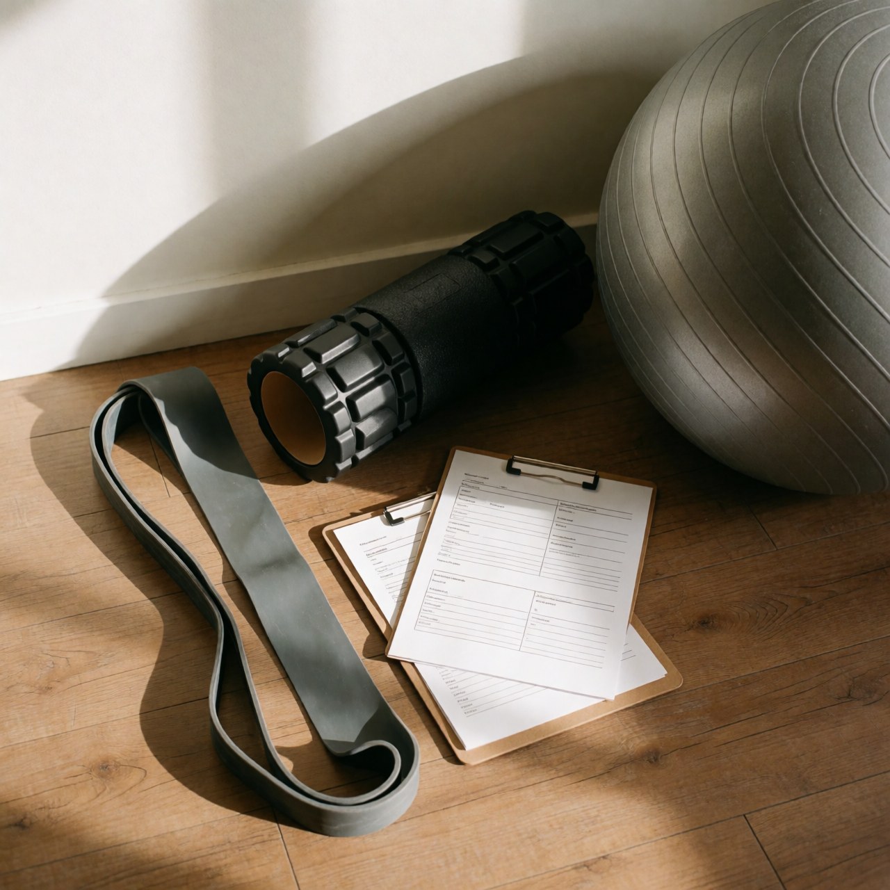 Physical therapy and assessment equipment on a wooden floor including resistance bands, foam roller, stability ball, and clipboards with forms under natural light