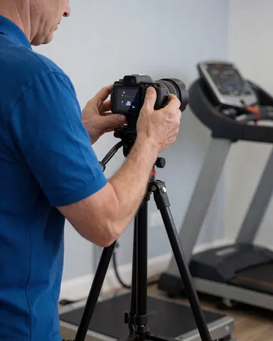 Technician in blue shirt adjusting a camera on a tripod for gait analysis with treadmill and measuring tape in background