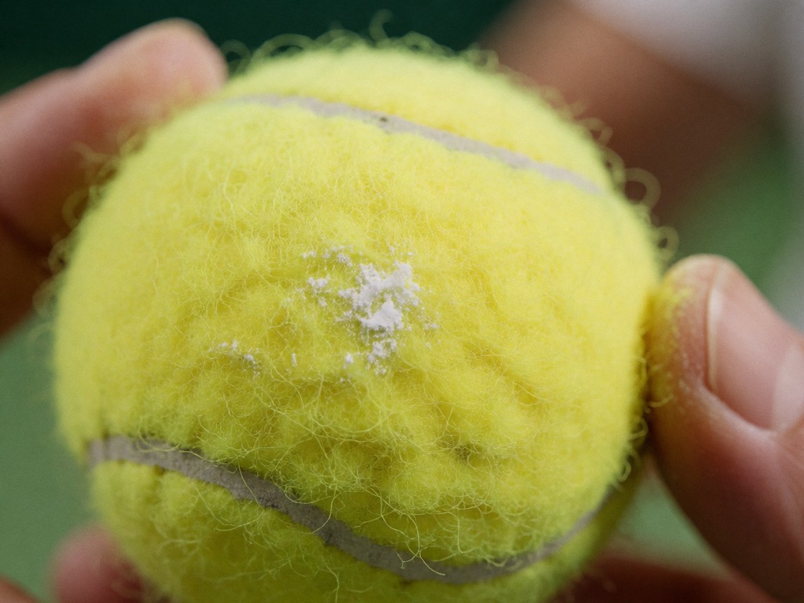 Close-up of a yellow tennis ball covered in white chalk dust held by adult hands with a blurred green tennis court background