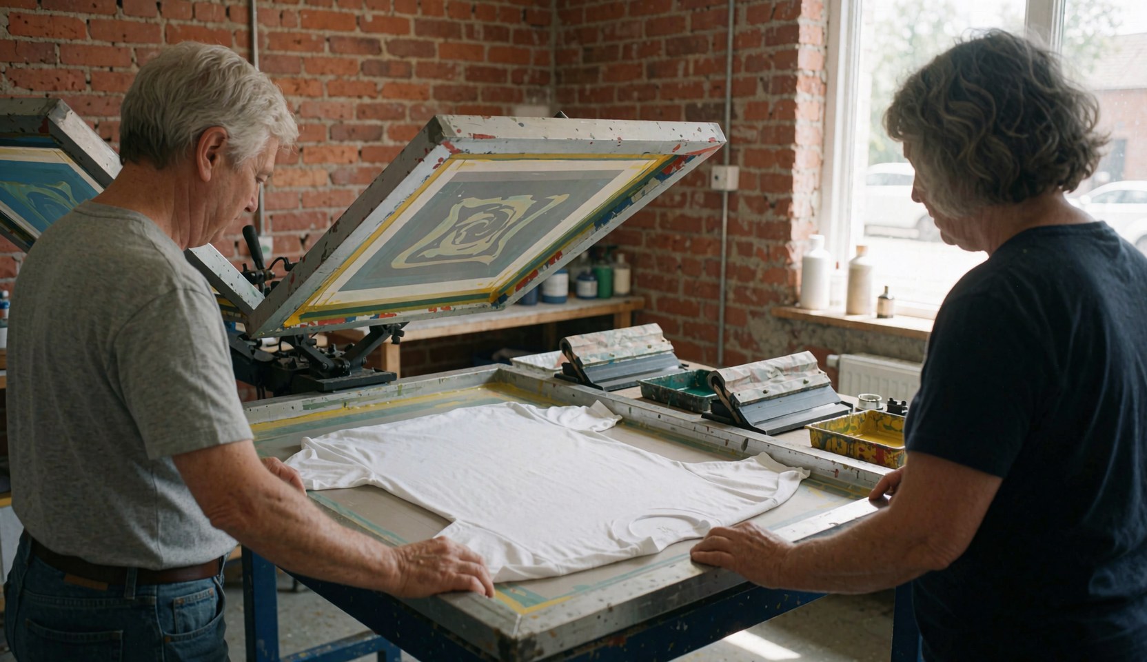 Two adults prepare a white t-shirt for printing on a work table with a brick wall and natural light