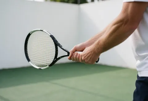 Close-up of a hand gripping a tennis racket in motion on a green court with a white wall background, focusing on stroke technique.