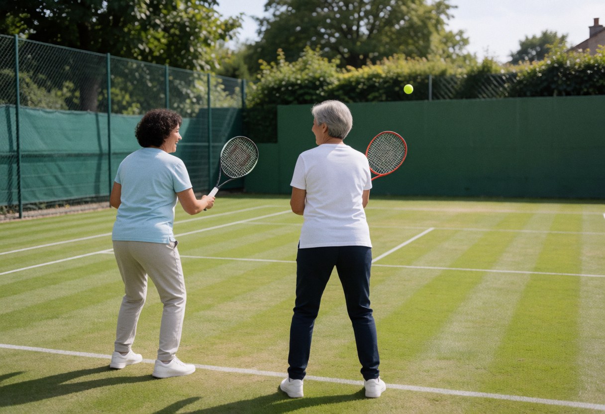 Two adults playing tennis on a green grass court with rackets and ball in the air under bright sun