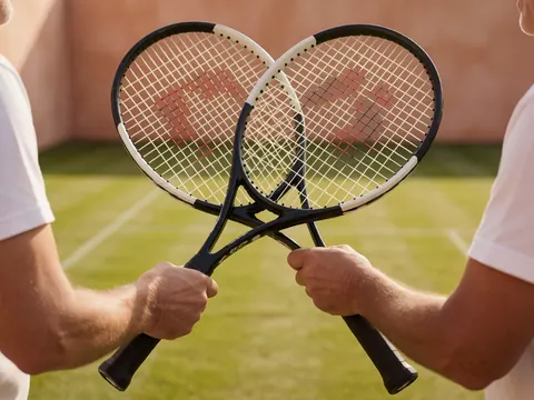 Two adult hands crossing tennis rackets on a grass court with a terracotta wall in the background