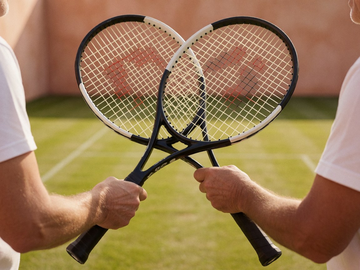 Two adult hands crossing tennis rackets on a grass court with a terracotta wall in the background