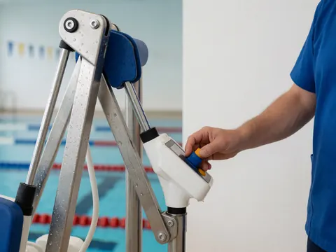 Close-up of a hand adjusting the manual control mechanism of a pool hydraulic lift chair with metal arms and water droplets against a blurred swimming lane background