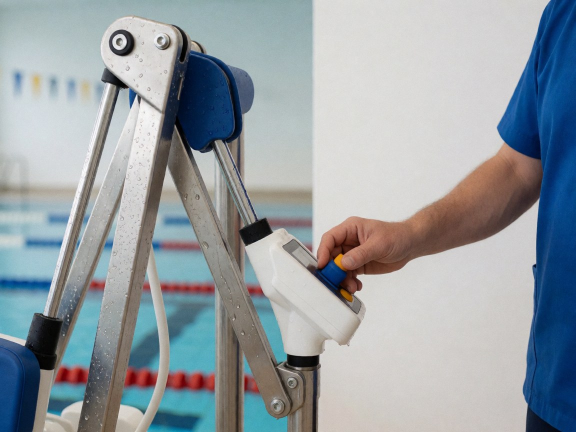Close-up of a hand adjusting the manual control mechanism of a pool hydraulic lift chair with metal arms and water droplets against a blurred swimming lane background