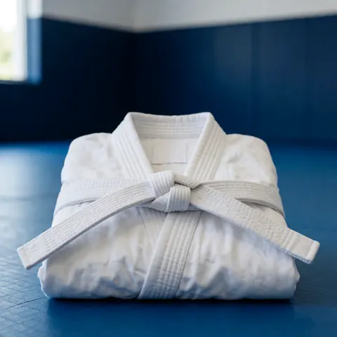 A folded white martial arts uniform with a tied white belt resting on a blue training mat in a dojo setting.