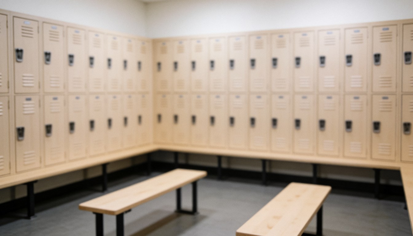 Blurred background of a locker room featuring wooden lockers and benches, providing a neutral and calm setting for martial arts instructor text overlays.