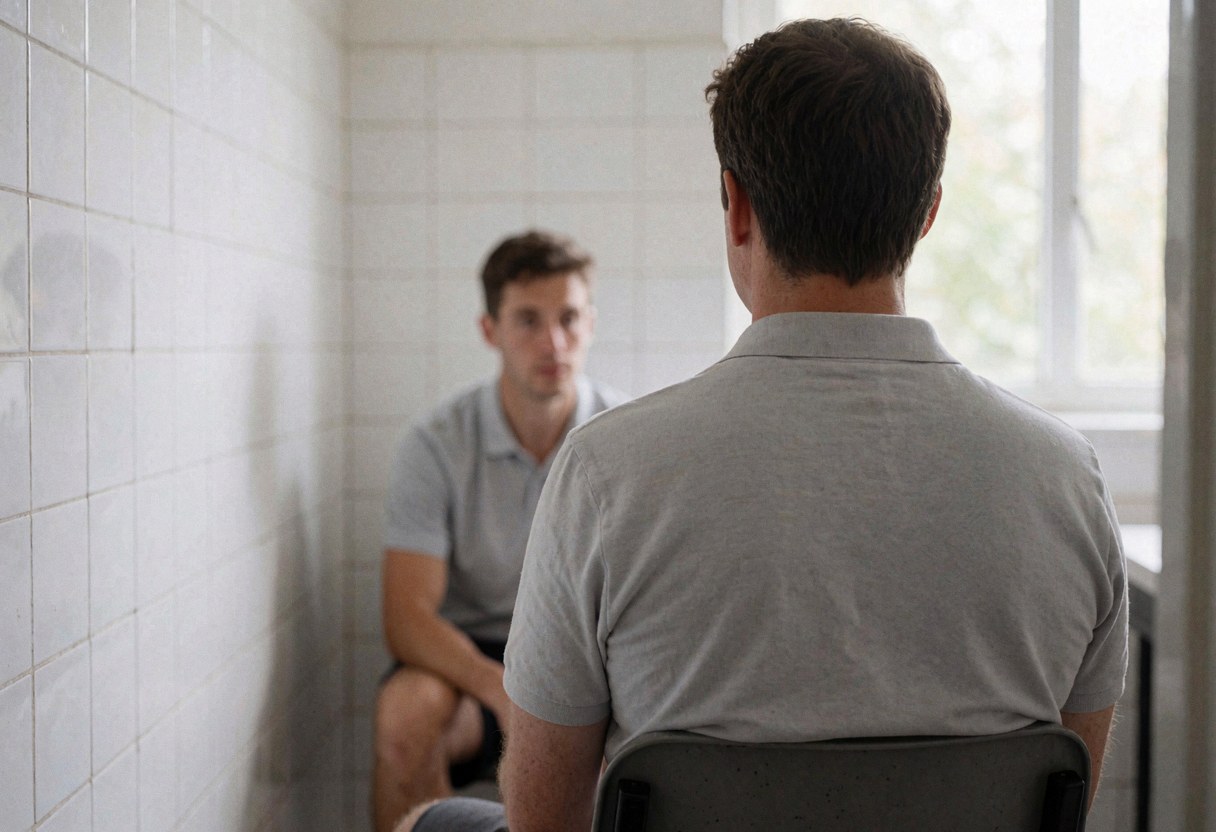 Tennis coach in action, focused on his student on a court with white tiled walls and natural light, conveying professionalism and concentration.