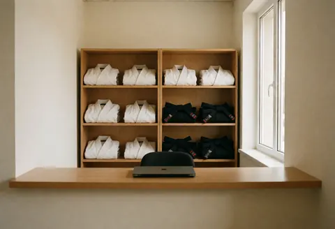 White martial arts uniforms and black belts displayed on wooden shelves in a clean studio reception area with natural light