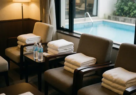 Rest area featuring chairs with white towels overlooking the swimming pool, suitable for a swimming coach's storefront or interior.