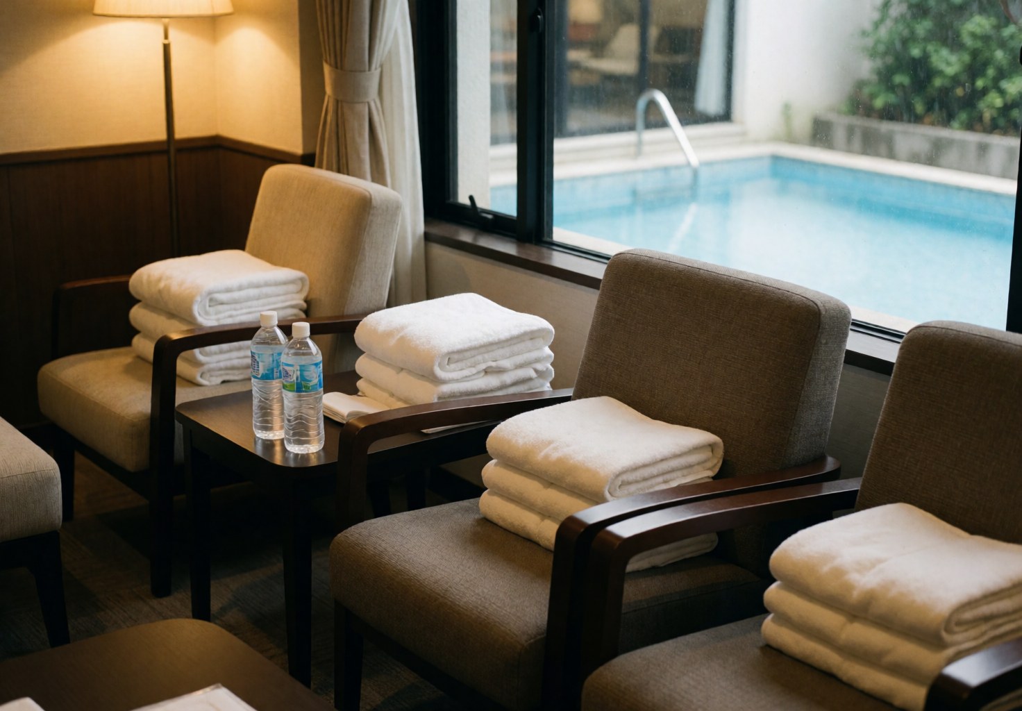 Rest area featuring chairs with white towels overlooking the swimming pool, suitable for a swimming coach's storefront or interior.