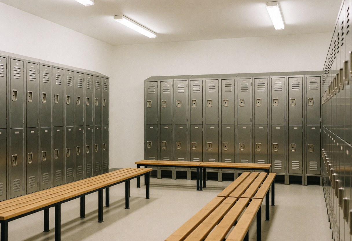Clean and organized locker room featuring metal lockers and wooden benches under fluorescent lighting, suitable for martial arts students.