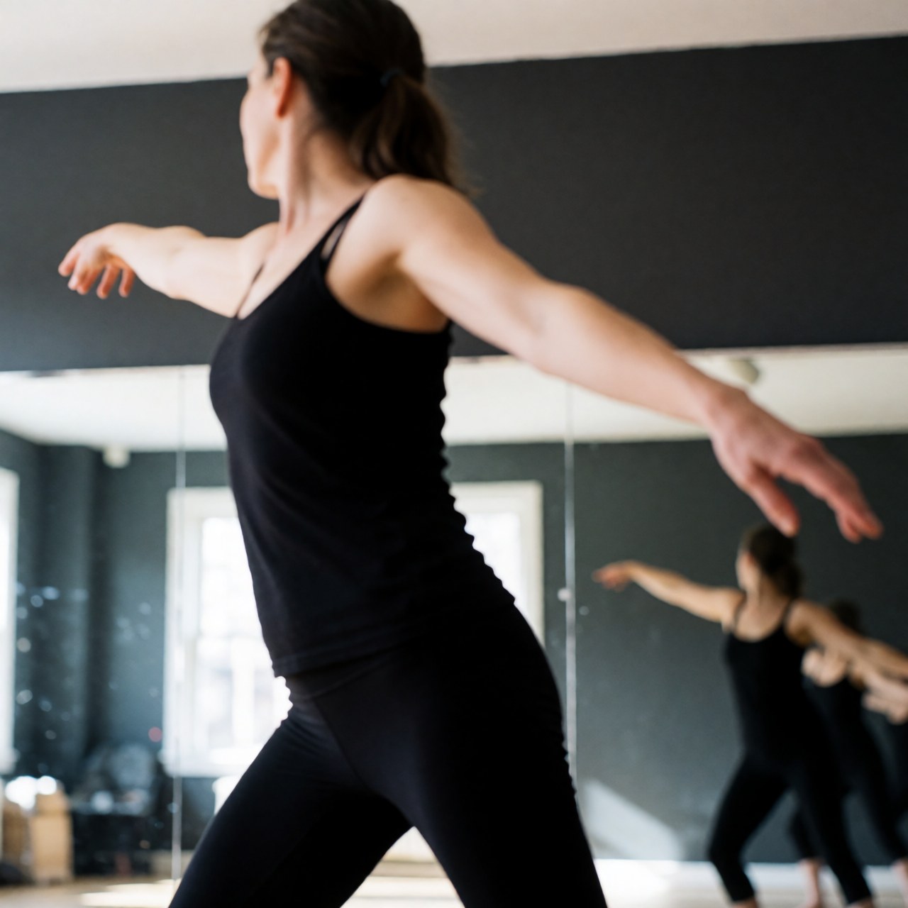 A dancer in black clothing performs a dynamic pose in a studio with gray walls and reflective mirrors.