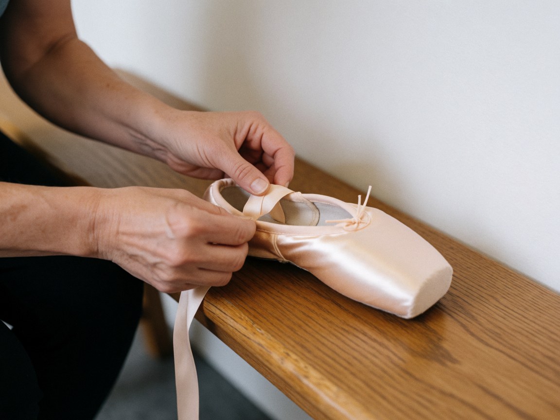 Close-up of hands tying the satin ribbon on a pink ballet pointe shoe resting on a wooden bench against a white background.