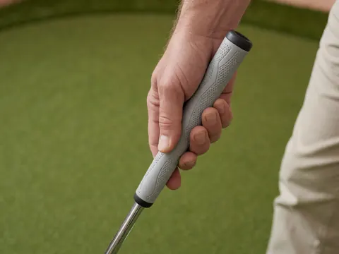 Close-up of a hand gripping an ergonomic putter on a green golf course, highlighting the detailed handle design for professional use.