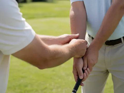 Golf instructor adjusting a student's posture with a golf club on a green field under bright sunlight.