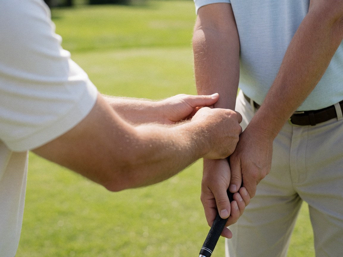 Golf instructor adjusting a student's posture with a golf club on a green field under bright sunlight.