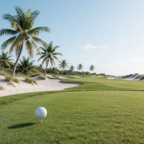White golf ball on a tee against green grass, sand dunes, and palm trees under a clear blue sky