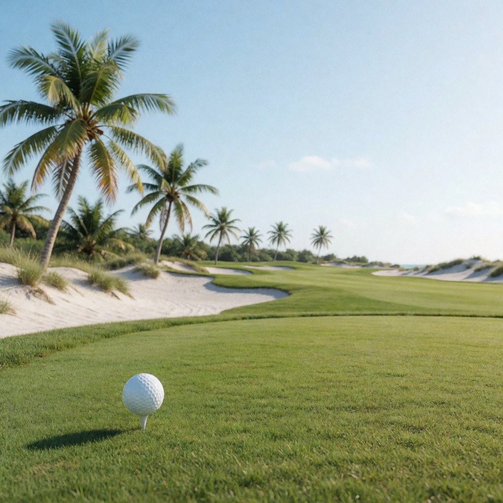White golf ball on a tee against green grass, sand dunes, and palm trees under a clear blue sky