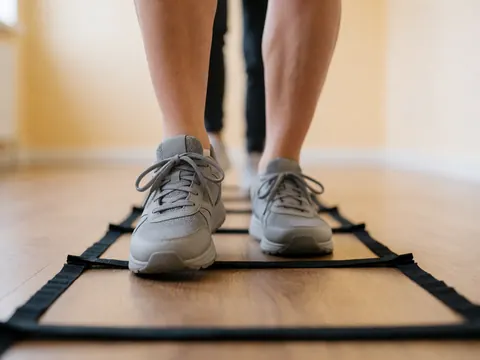 Close-up of feet in gray sneakers stepping on a black agility ladder placed on a wooden floor with a bright, blurred background