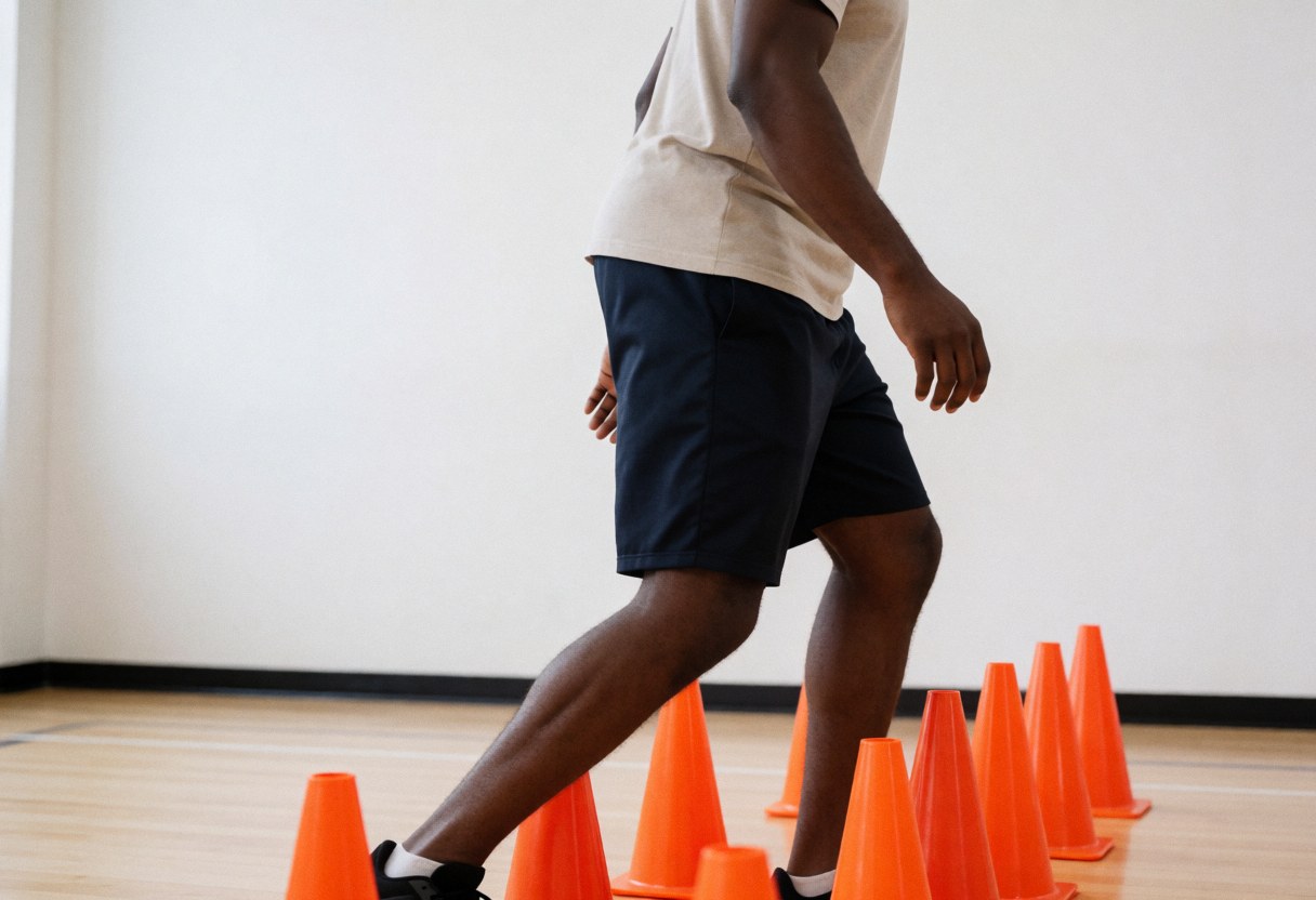 Basketball coach conducting agility drills with orange cones on an indoor court with white walls