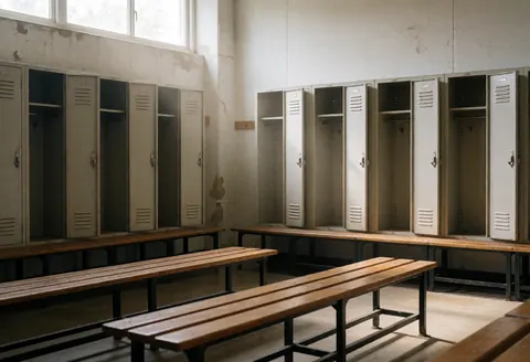 Empty locker room featuring wooden benches and metal lockers with stained walls and natural light from a high window