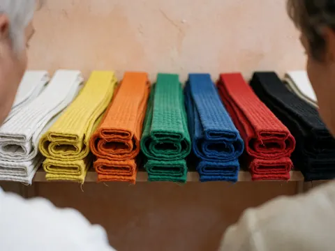 Colorful martial arts belts arranged in order from white to black on a wooden shelf with two people observing from behind