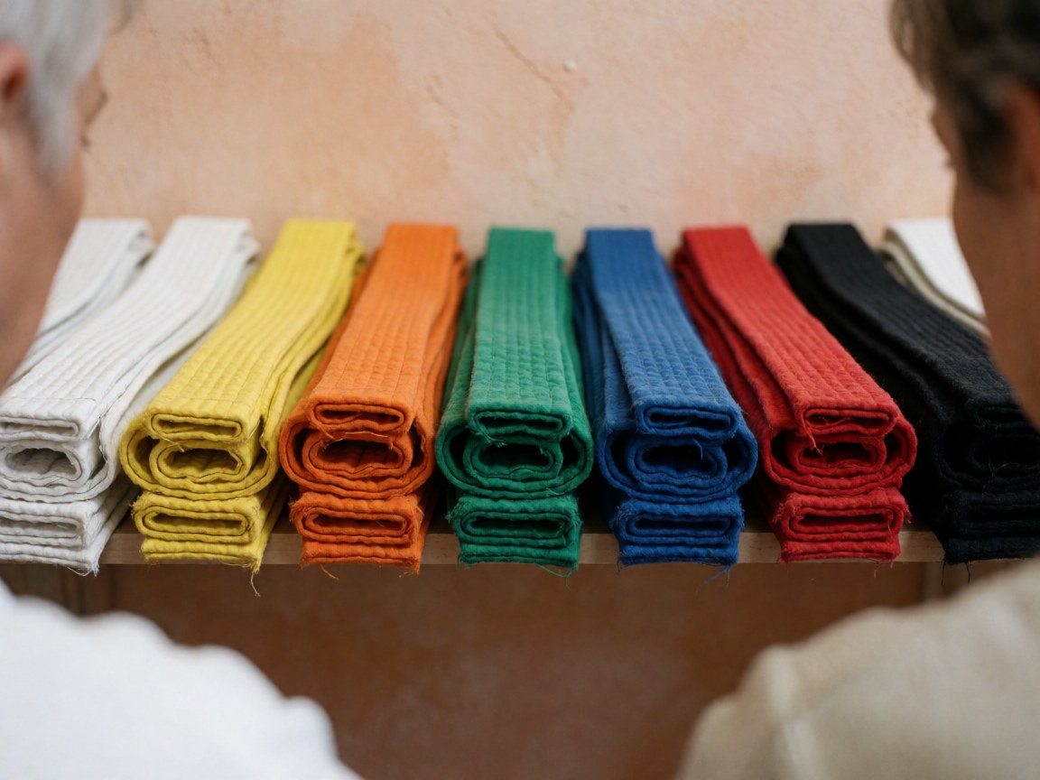Colorful martial arts belts arranged in order from white to black on a wooden shelf with two people observing from behind