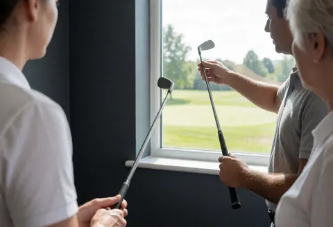 Golf instructor demonstrating swing technique with clubs in front of a window, with a green golf course visible in the background.