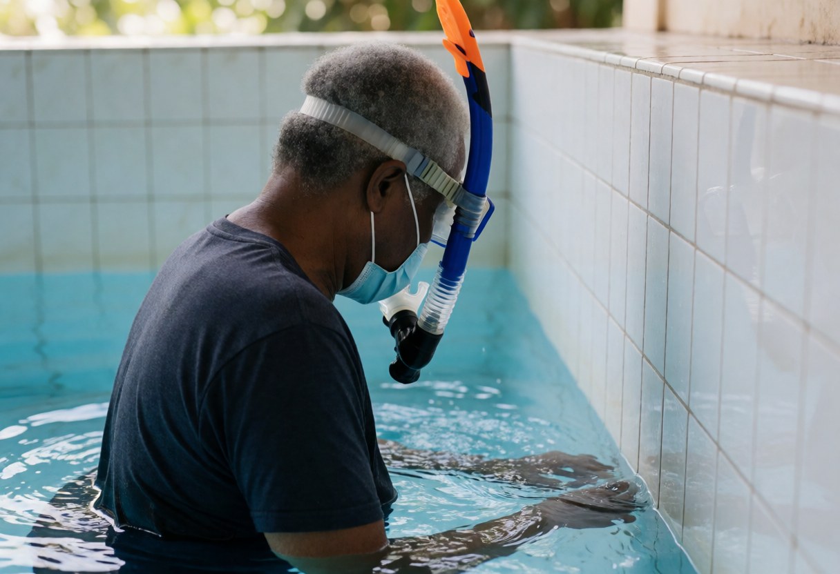 Swimming coach wearing snorkel and mask exploring pool floor with clear blue water and white tiled walls under natural light