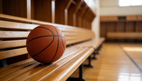 An orange basketball rests on a wooden bench in a blurred locker room with warm lighting and a polished floor, ideal for text overlay.