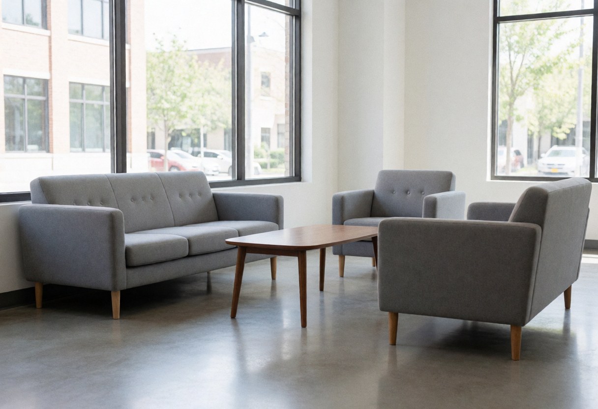 Clean waiting area featuring gray sofas, a wooden table, large windows with natural light, polished concrete floor, and a serene atmosphere suitable for a dance studio.