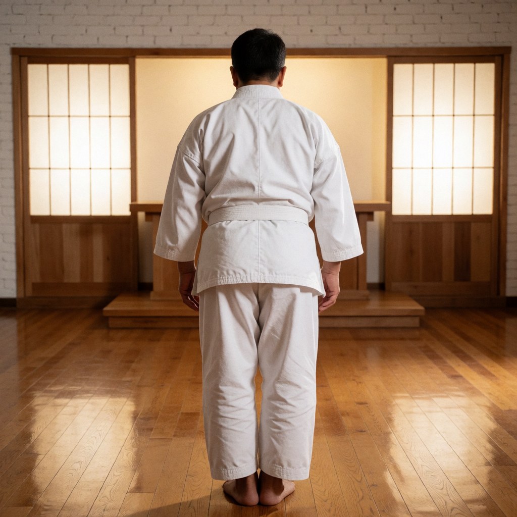 Back view of an adult wearing a white gi standing in a serene dojo with polished wood floors and illuminated shoji screens