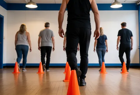 A basketball coach guiding several players through orange cones in a gym with white and blue walls.