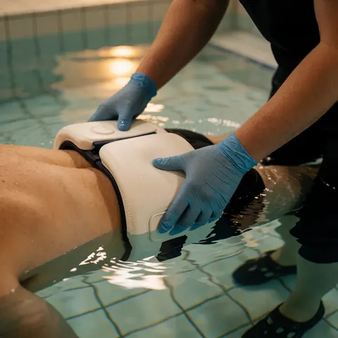 Therapist wearing blue gloves adjusts a white hydrotherapy belt around a client's waist in a tiled pool with clear water and warm lighting.