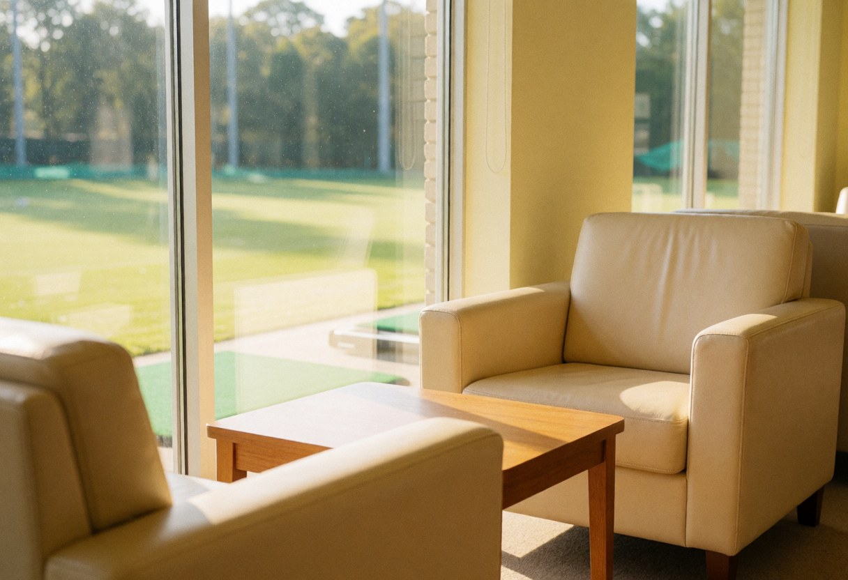 Beige armchairs and wooden table in a golf waiting room with light yellow walls and natural light overlooking the course