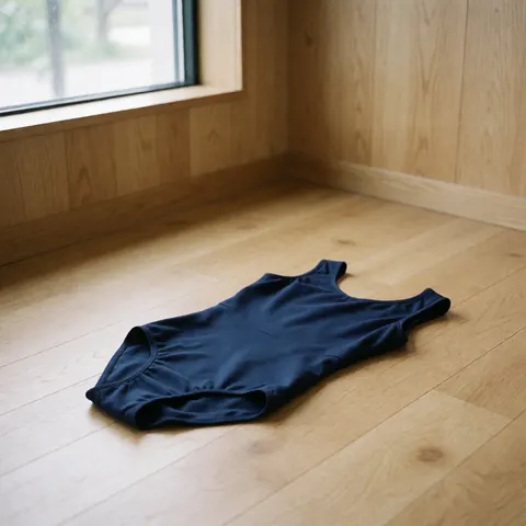 A folded navy blue leotard rests on a light wooden floor in a room with wood paneling and natural light from a window.