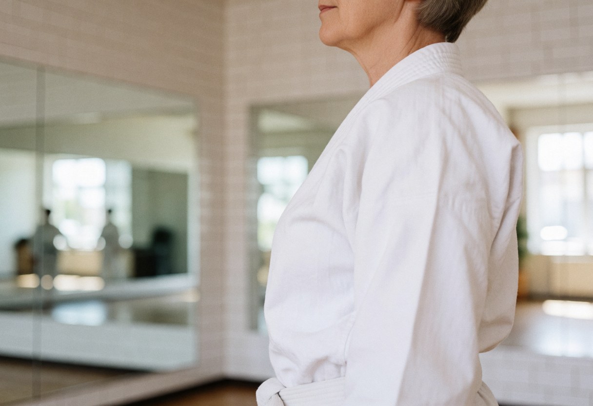 Senior woman in white karate uniform practicing karate in a dojo with mirrors and white tiled walls, natural light, balanced and serene posture.