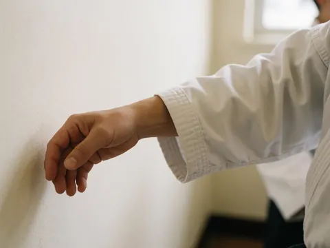 Close-up of a white karate gi sleeve showing reinforced seams and cotton texture under soft natural light against a warm white wall
