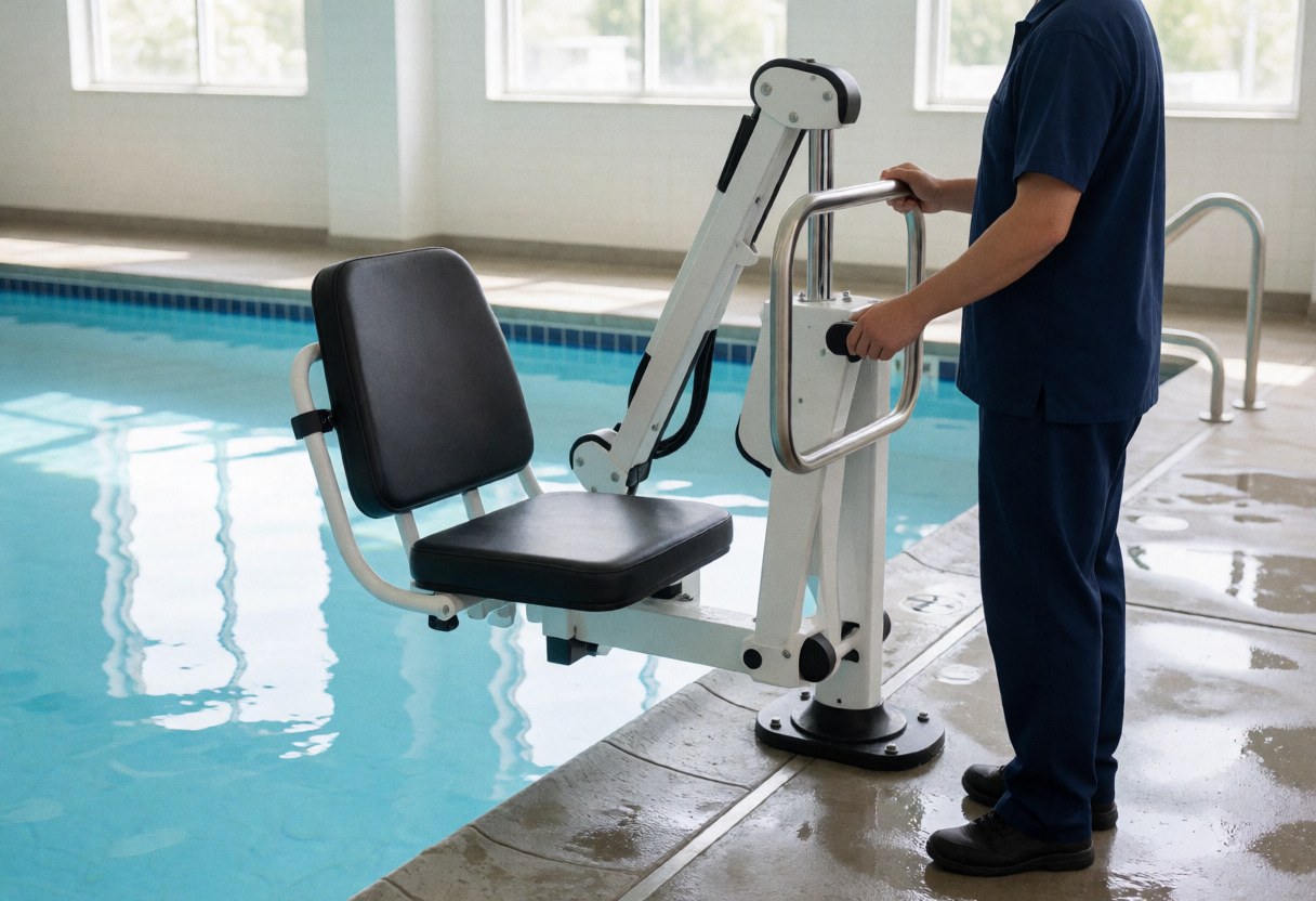 A swimming coach in a blue uniform operates a black hydraulic pool lift beside an indoor pool with clear blue water and wet concrete flooring.