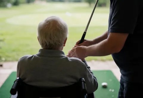 Golf instructor assists a wheelchair-bound client with their swing on a green course, demonstrating inclusive professional training.