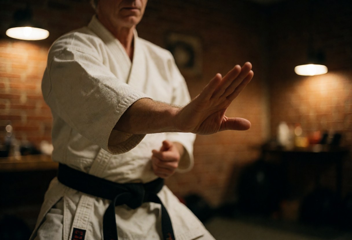 Karate instructor in action with extended hand in precise gesture wearing white gi and black belt in dojo with brick walls and warm lighting