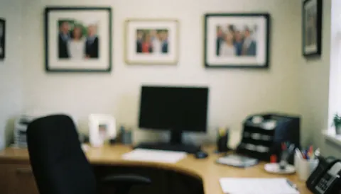 Blurred professional office background featuring a desk, computer, chair, and framed photos on the wall, ideal for text overlay.