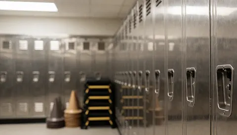 Background of metal lockers, training cones, and agility ladders in a locker room, suitable for sports training text overlays