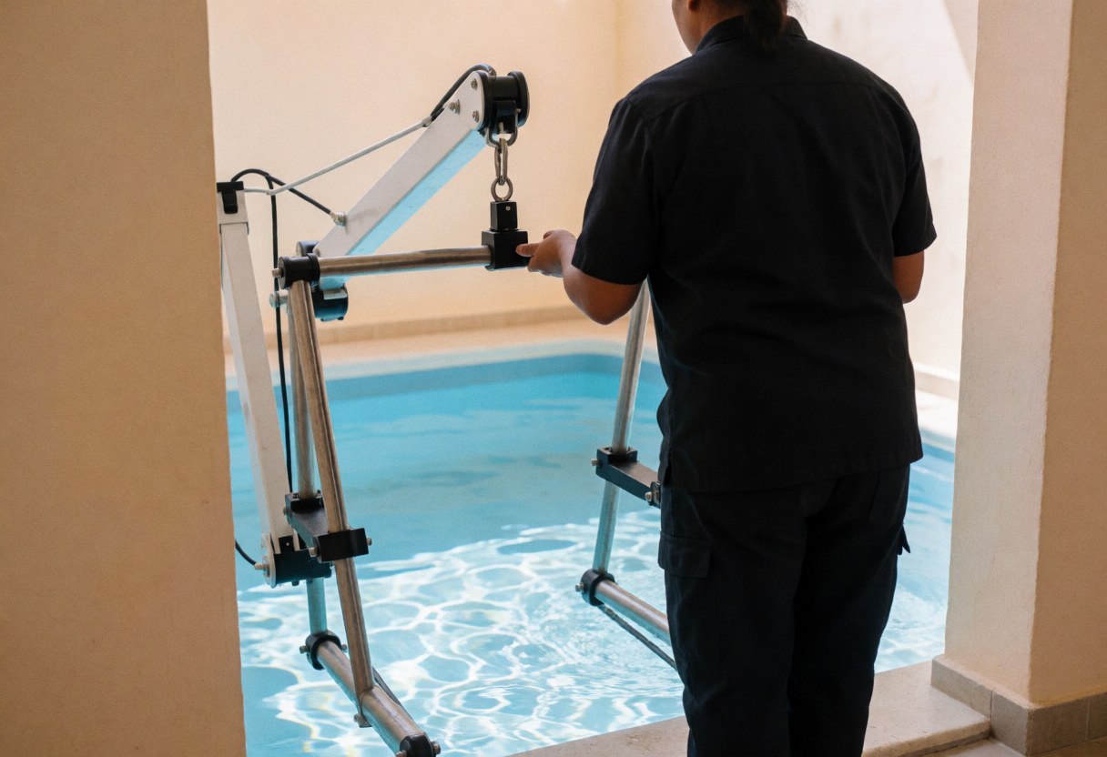 A swimming coach in dark uniform adjusts water access gear at a pool with clear blue water and bright sunlight.