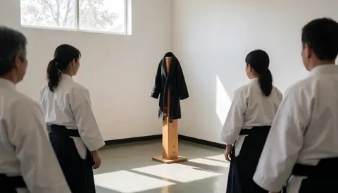 Four martial arts students in white uniforms look at a black gi hanging on a wooden post in a dojo.