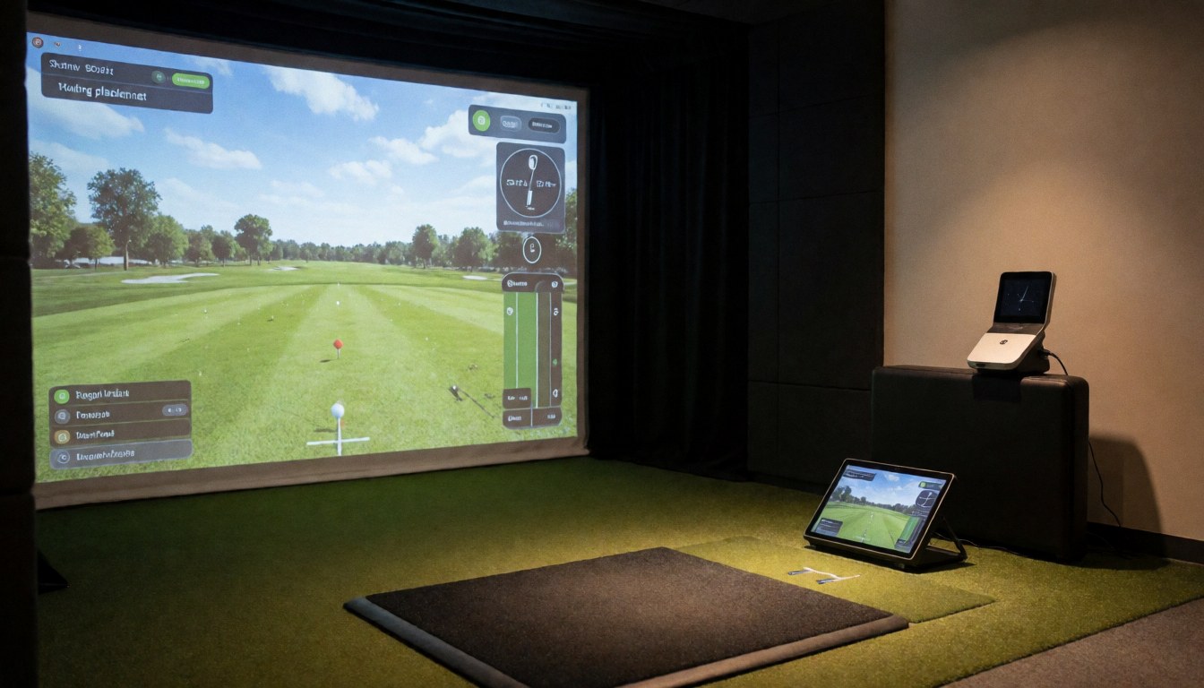 Golf simulator featuring a large screen displaying a virtual course, black mat, and analysis device in a warmly lit indoor room.