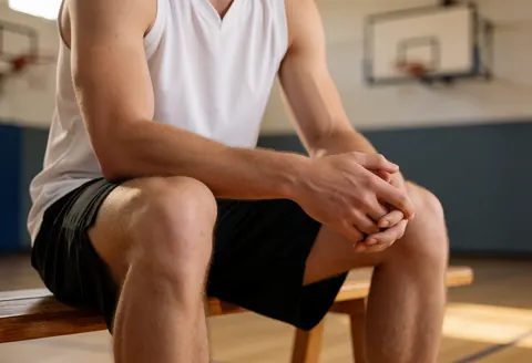 Basketball player sitting on a gym bench with hands crossed, warm lighting, and blurred hoops in the background.