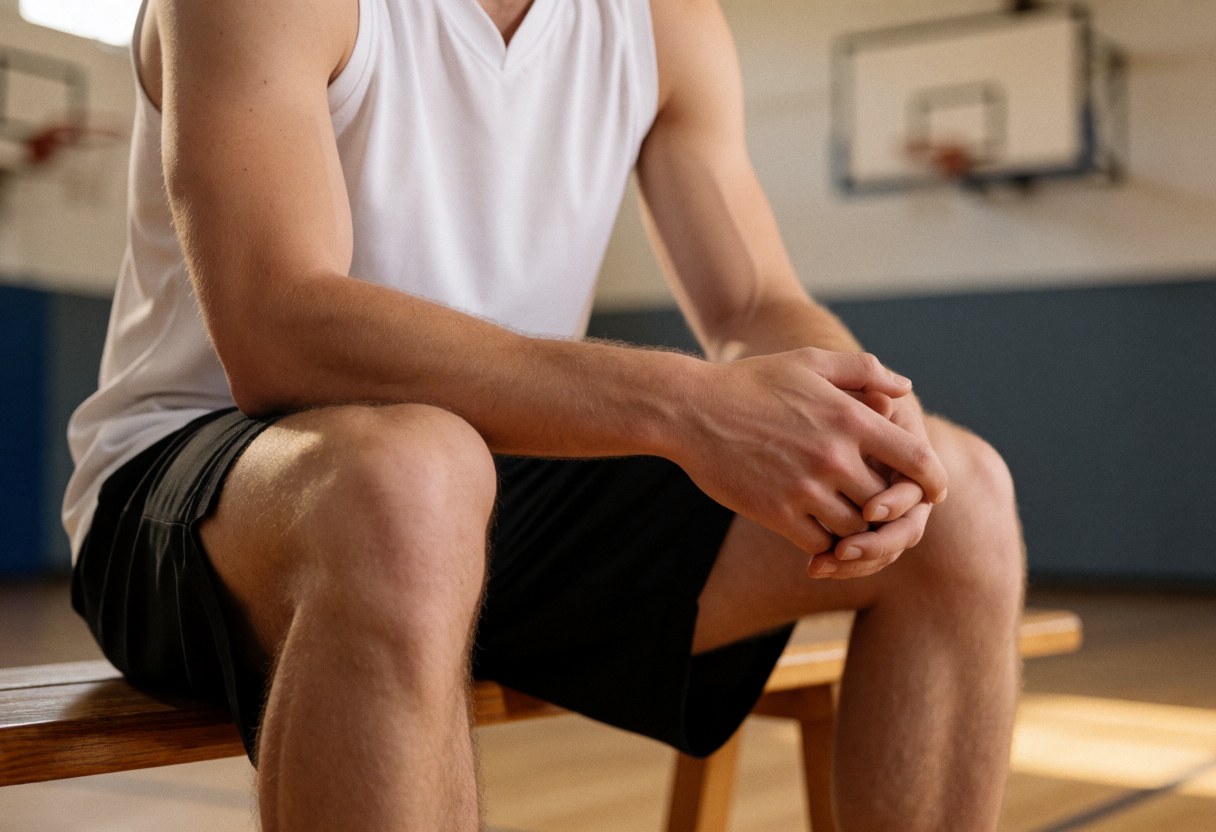 Basketball player sitting on a gym bench with hands crossed, warm lighting, and blurred hoops in the background.